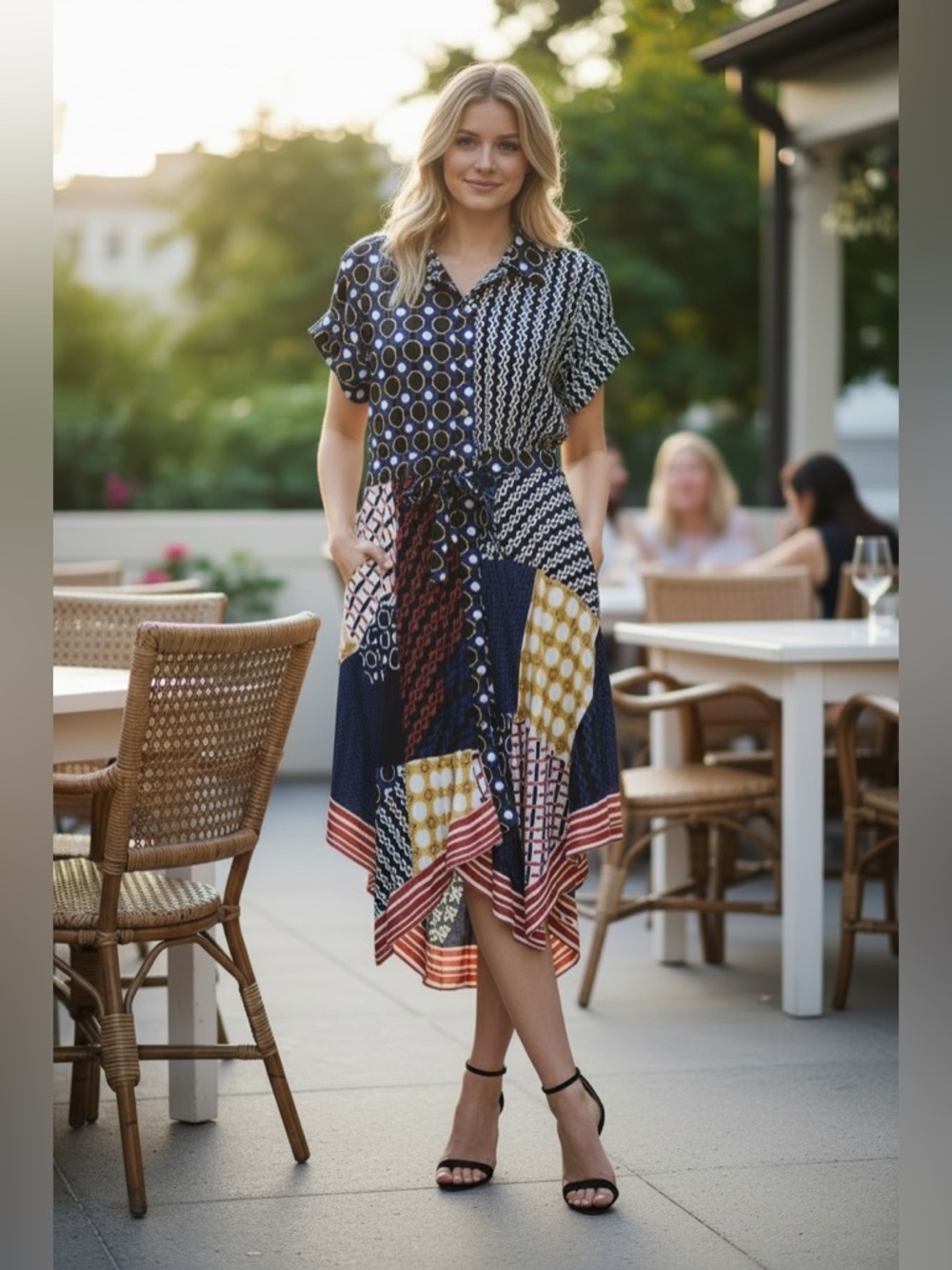 Maeve by Anthropologie Navy and Yellow Patterned Dress size S/m